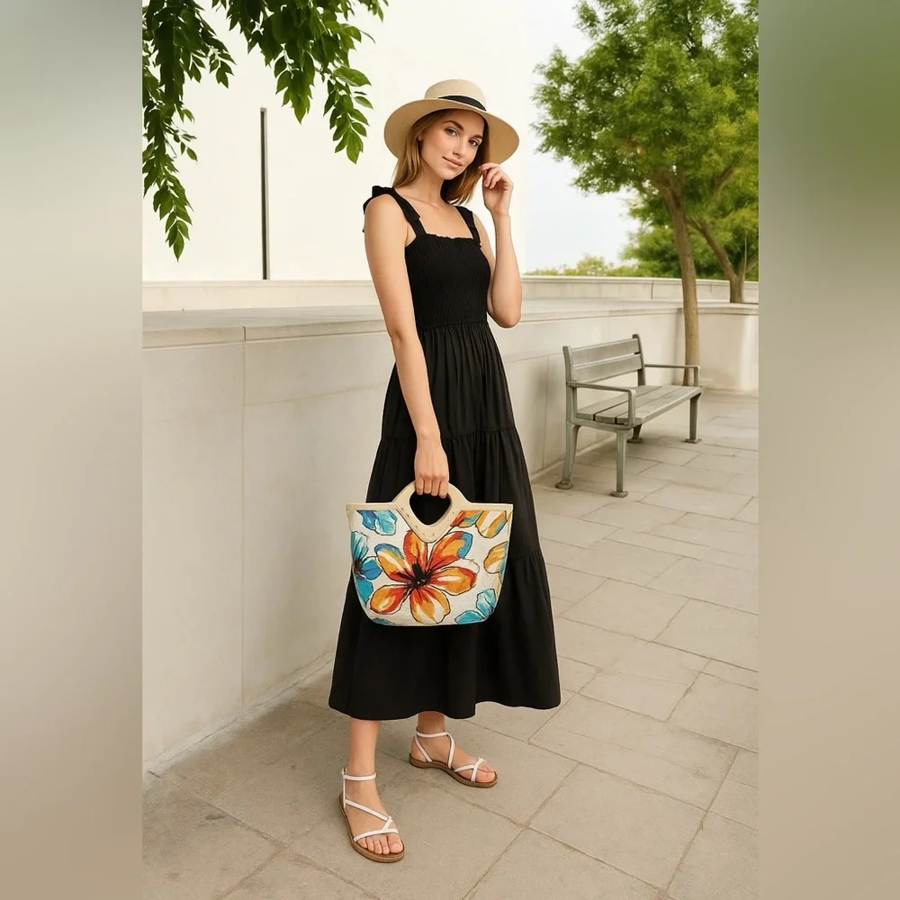 Palm Springs Bloom Jute Rectangle Tote Bag
